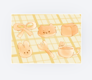 A square art print featuring a cute pastel illustration of various breakfast items like a bunny, a bow, a fork, a shiba inu cookie, a cup of coffee with a bunny, and a loaf of bread toasted. Background is of a yellow grid background, set against a light gray studio backdrop.