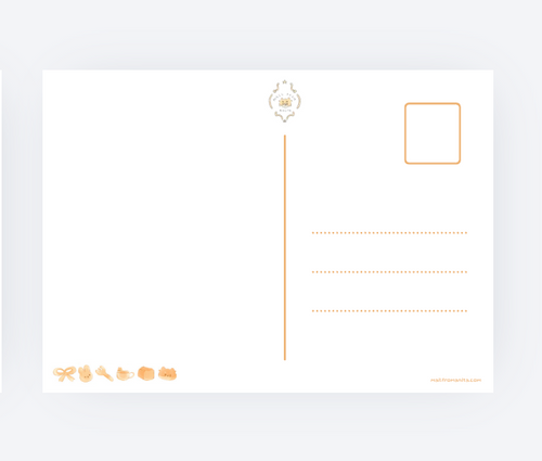 A white postcard or letterhead template with light orange printed lines, dotted address lines, a small decorative emblem, and a square box, shown on a light gray background.